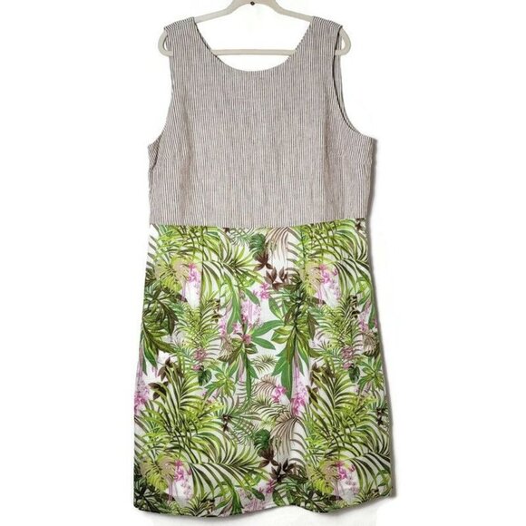 J. Jill Linen Blend Striped Botanical Hawaiian Floral Sleeveless Sheath Dress XL - Picture 1 of 13